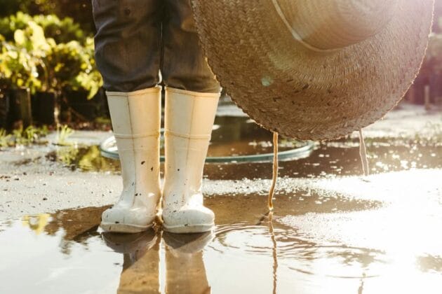 Gardener wearing a raincoat and gloves, tending to plants in a lush, rainy garden. Raindrops glisten on leaves as they pull weeds and check soil moisture
