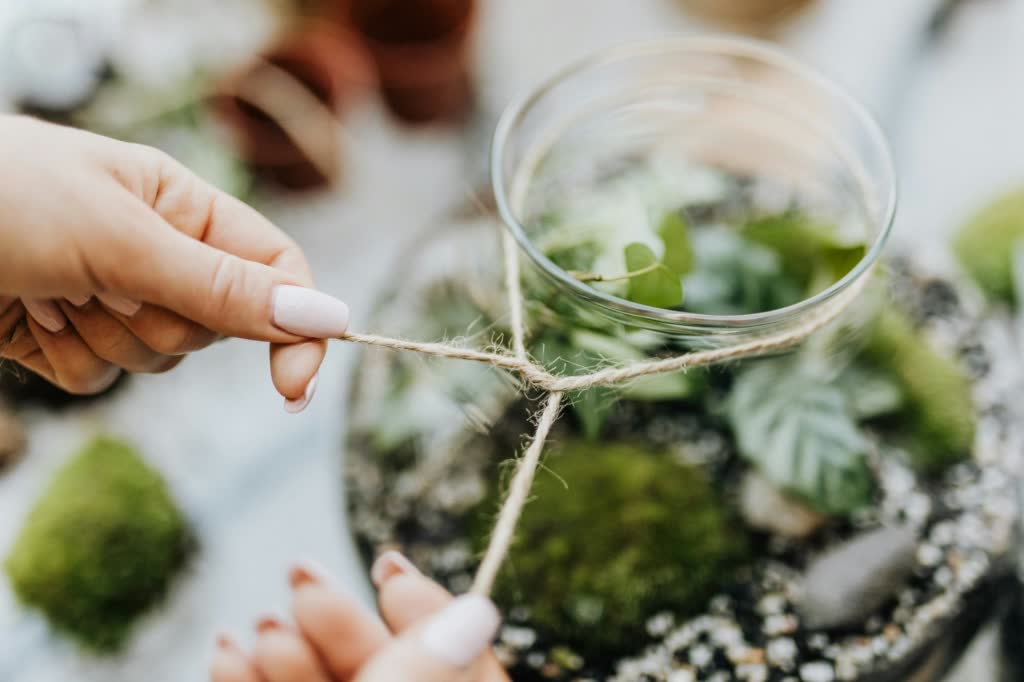 A glass terrarium filled with carefully arranged moss, ferns, and small air plants sits on a table, while hands hover nearby with additional plant options, emphasizing the importance of choosing the right plants for a thriving terrarium.